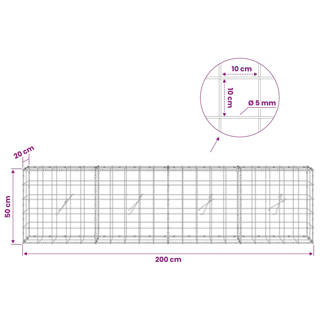 vidaXL Gabion z drutem 5 mm i siatką 10x10 cm 200x20x50 cm