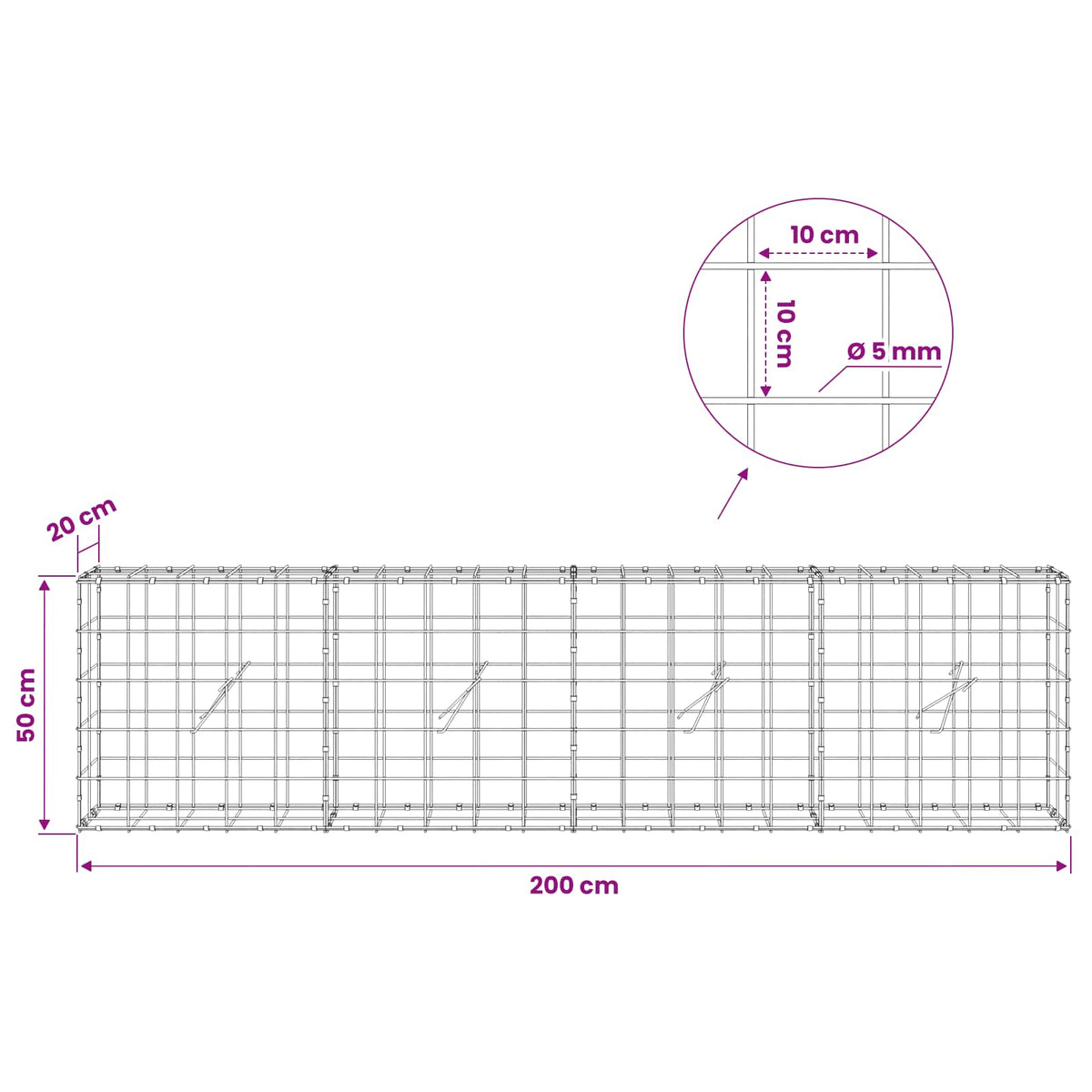 vidaXL Gabion z drutem 5 mm i siatką 10x10 cm 200x20x50 cm