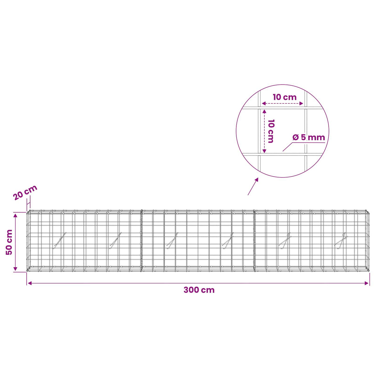 vidaXL Gabion z drutem 5 mm i siatką 10x10 cm 300x20x50 cm