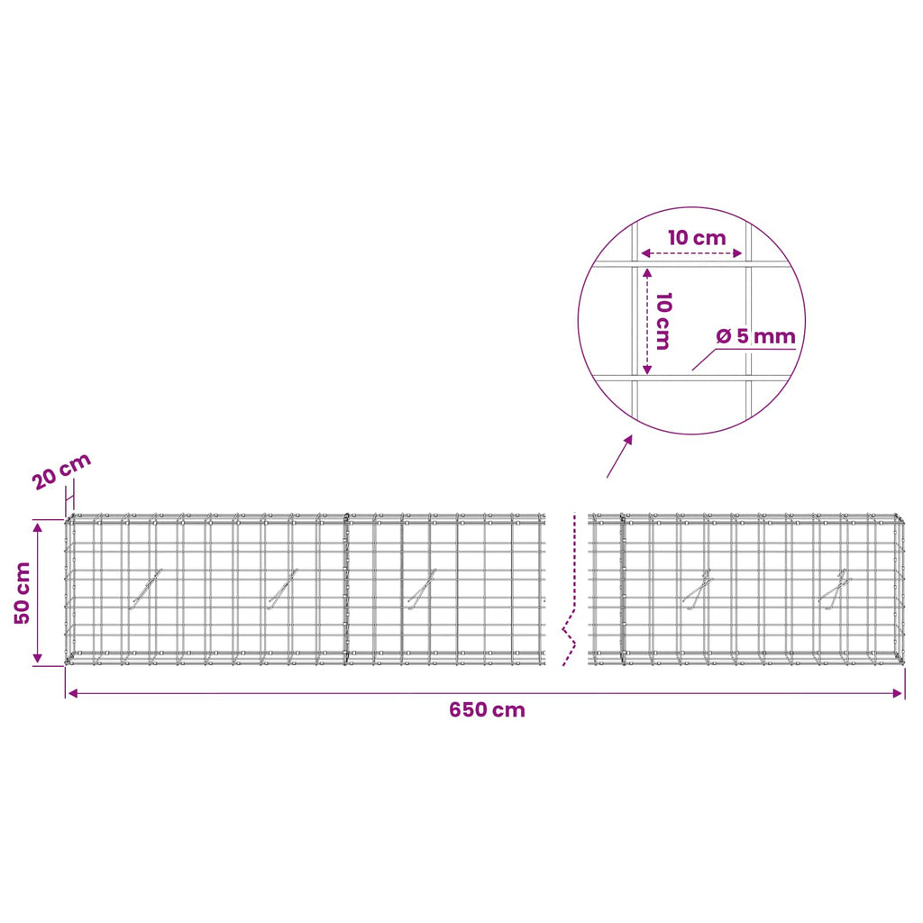 vidaXL Gabion z drutem 5 mm i siatką 10x10 cm 650x20x50 cm