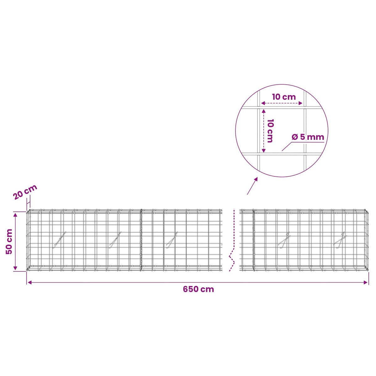 vidaXL Gabion z drutem 5 mm i siatką 10x10 cm 650x20x50 cm
