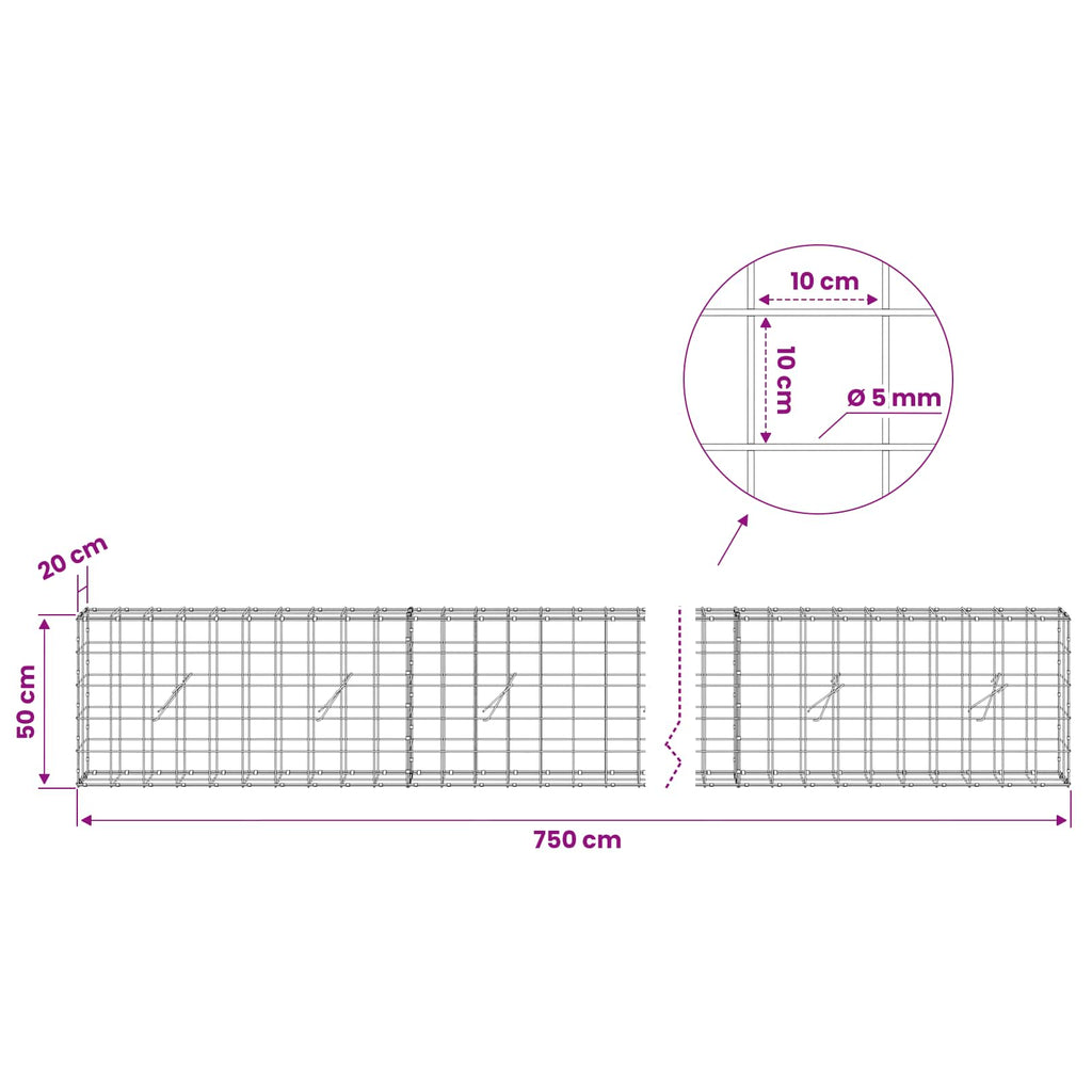 vidaXL Gabion z drutem 5 mm i siatką 10x10 cm 750x20x50 cm
