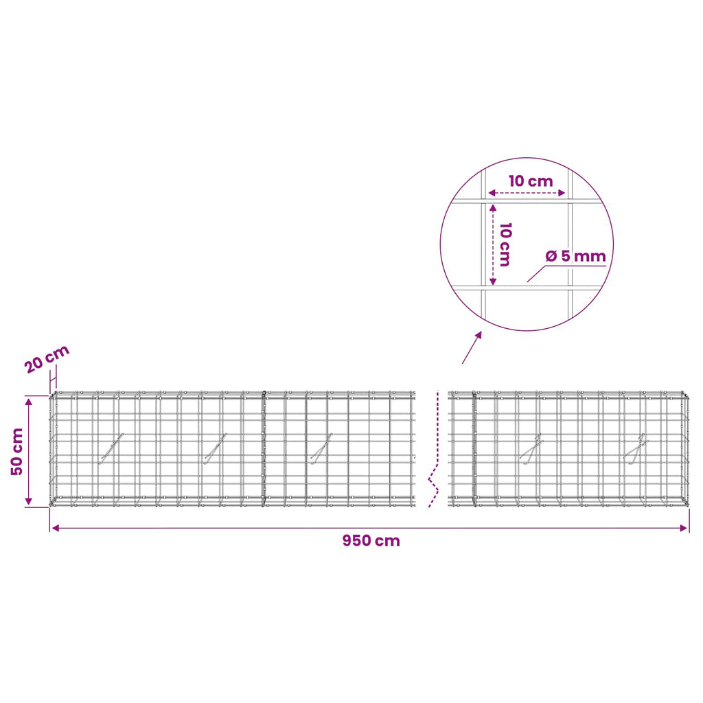 vidaXL Gabion z drutem 5 mm i siatką 10x10 cm 950x20x50 cm