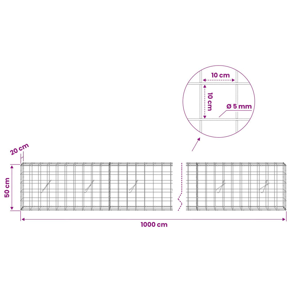 vidaXL Gabion z drutem 5 mm i siatką 10x10 cm 1000x20x50 cm