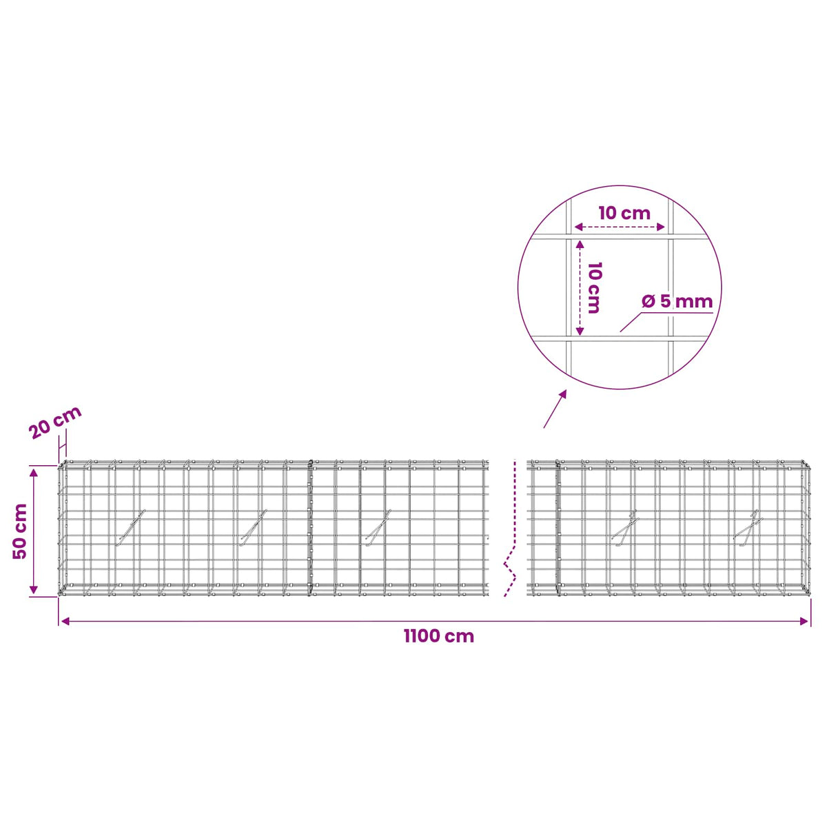 vidaXL Gabion z drutem 5 mm i siatką 10x10 cm 1100x20x50 cm