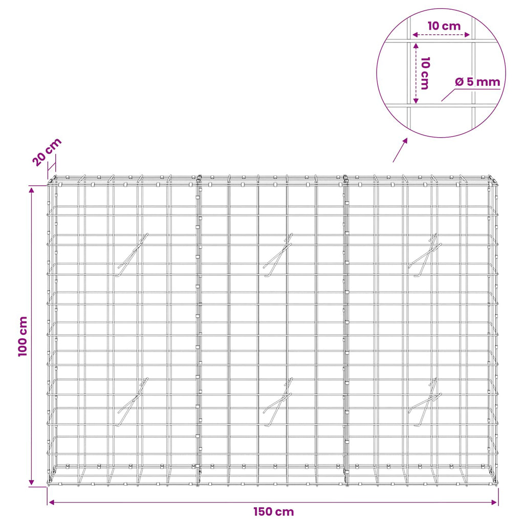 vidaXL Gabion z drutem 5 mm i siatką 10x10 cm 150x20x100 cm