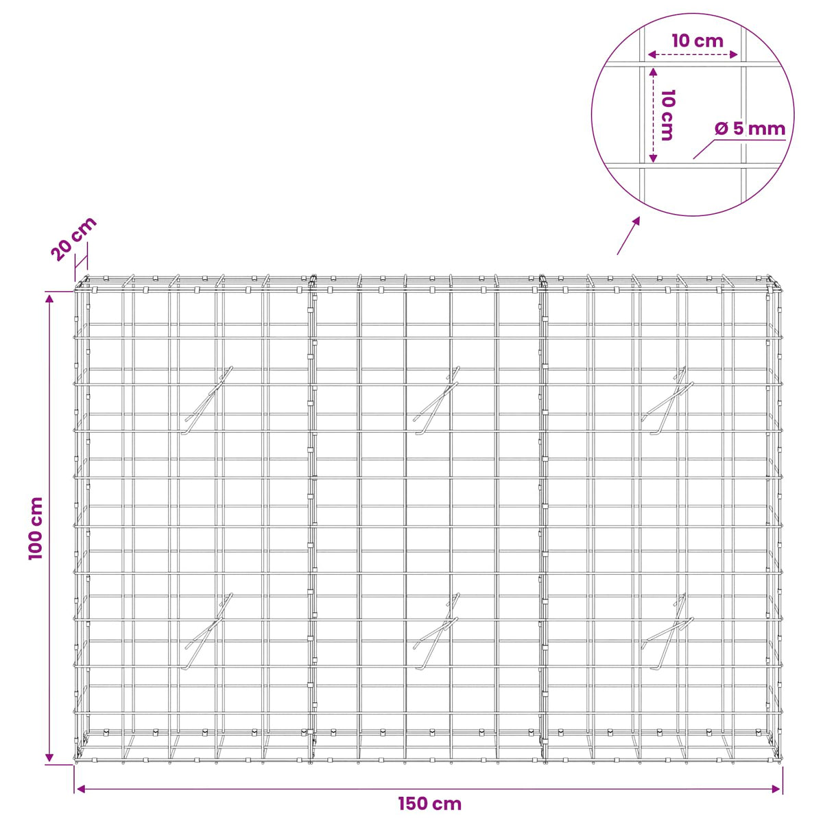vidaXL Gabion z drutem 5 mm i siatką 10x10 cm 150x20x100 cm