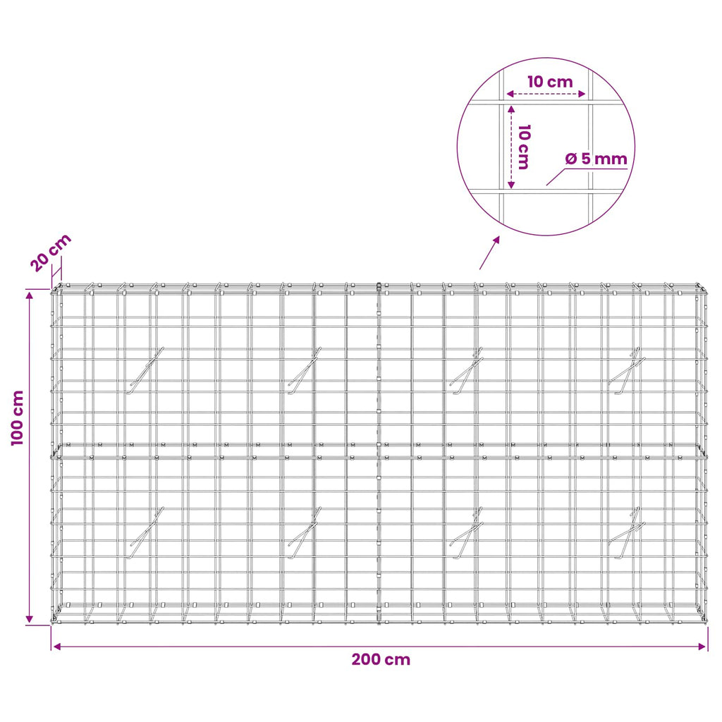 vidaXL Gabion z drutem 5 mm i siatką 10x10 cm 200x20x100 cm