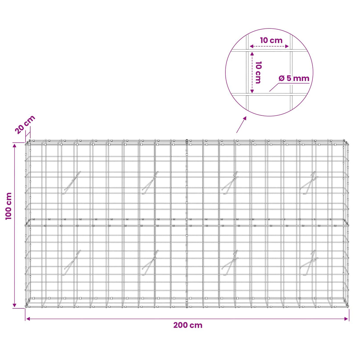 vidaXL Gabion z drutem 5 mm i siatką 10x10 cm 200x20x100 cm