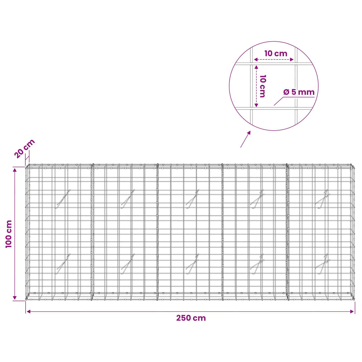 vidaXL Gabion z drutem 5 mm i siatką 10x10 cm 250x20x100 cm