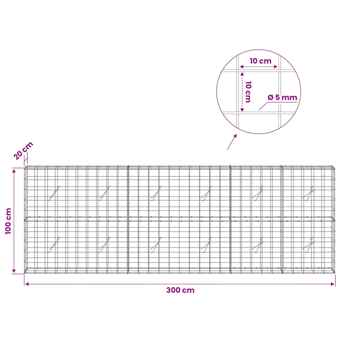 vidaXL Gabion z drutem 5 mm i siatką 10x10 cm 300x20x100 cm