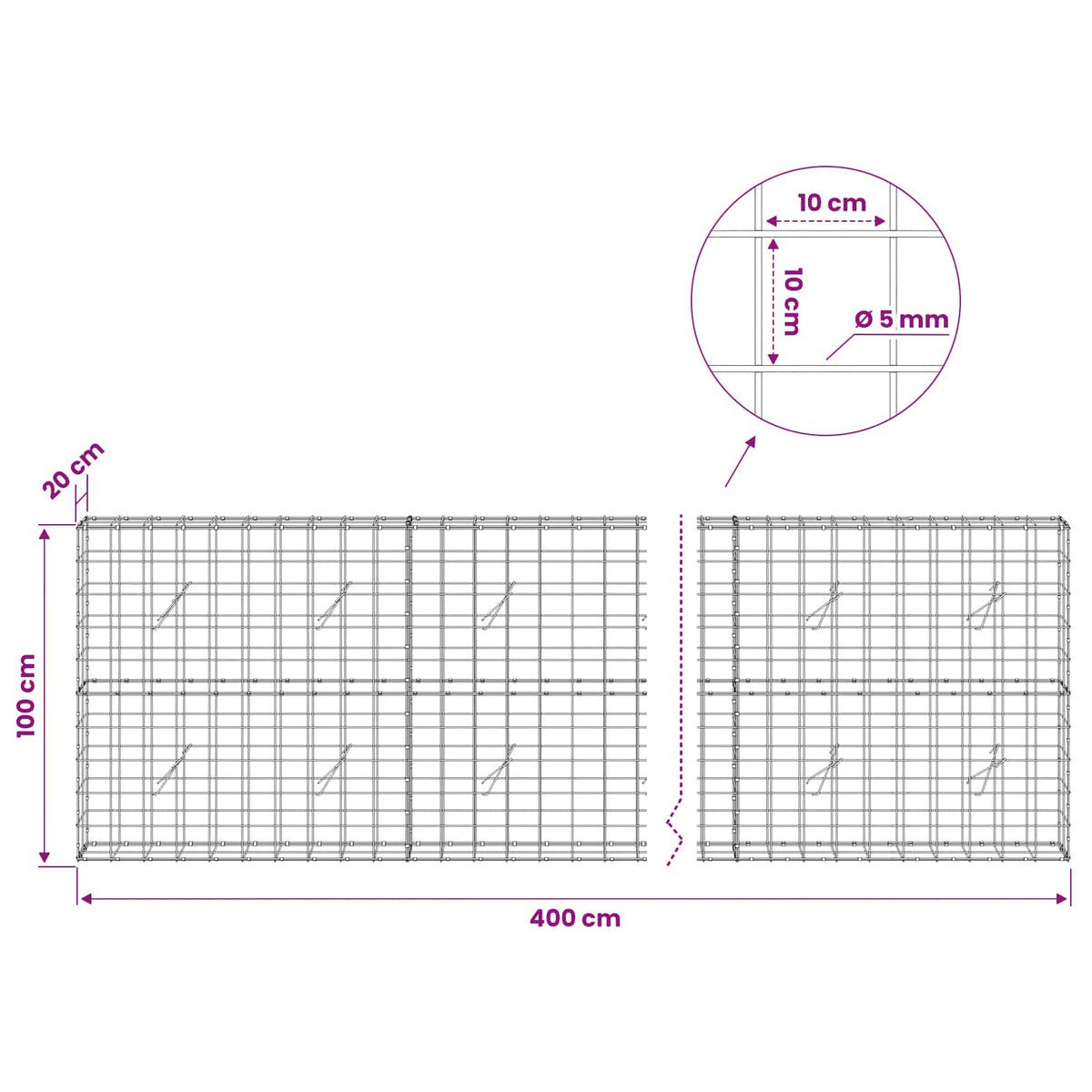 vidaXL Gabion z drutem 5 mm i siatką 10x10 cm 400x20x100 cm