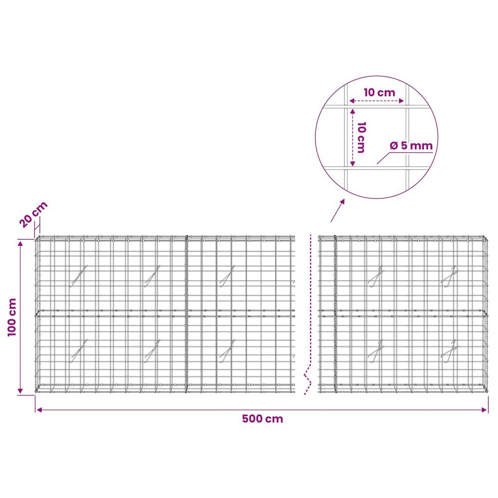 vidaXL Gabion z drutem 5 mm i siatką 10x10 cm 500x20x100 cm