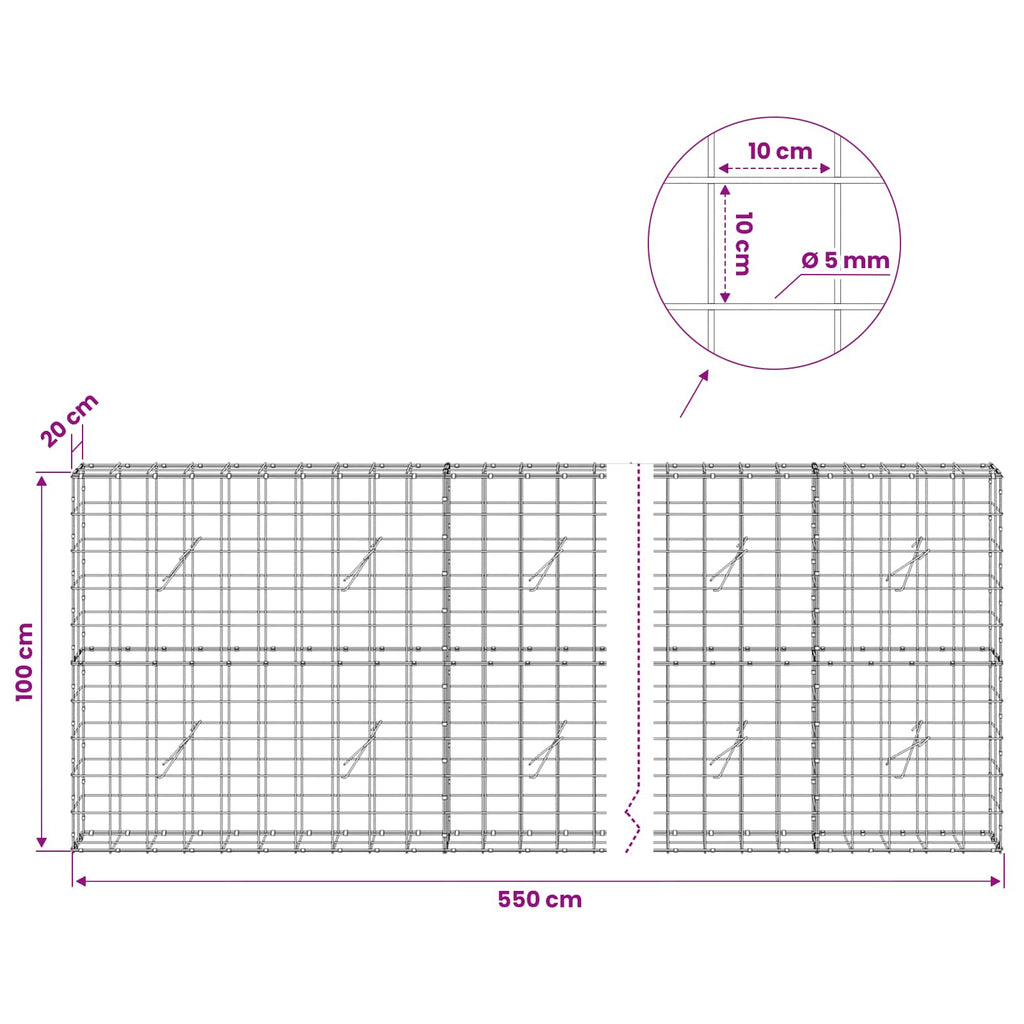 vidaXL Gabion z drutem 5 mm i siatką 10x10 cm 550x20x100 cm