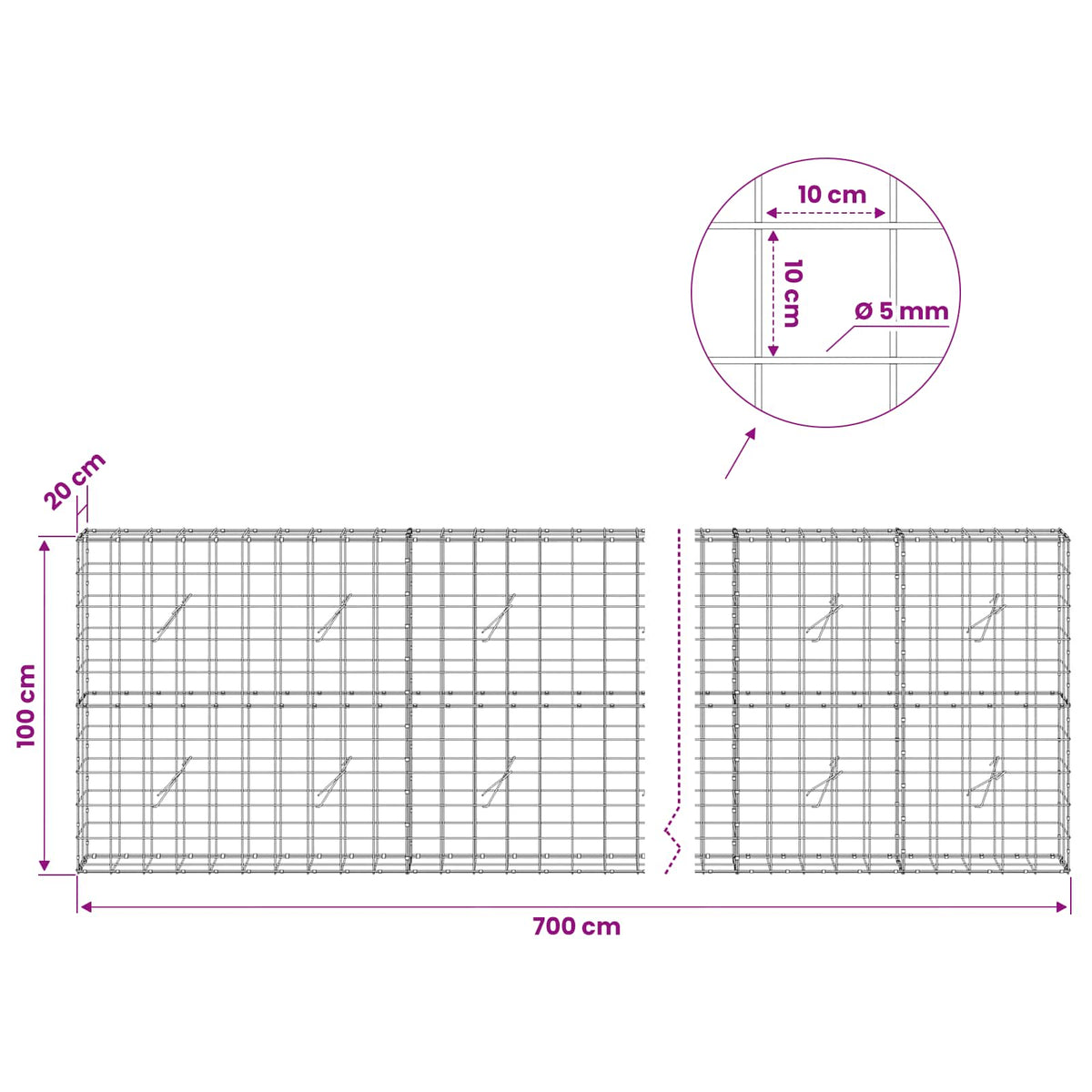 vidaXL Gabion z drutem 5 mm i siatką 10x10 cm 700x20x100 cm