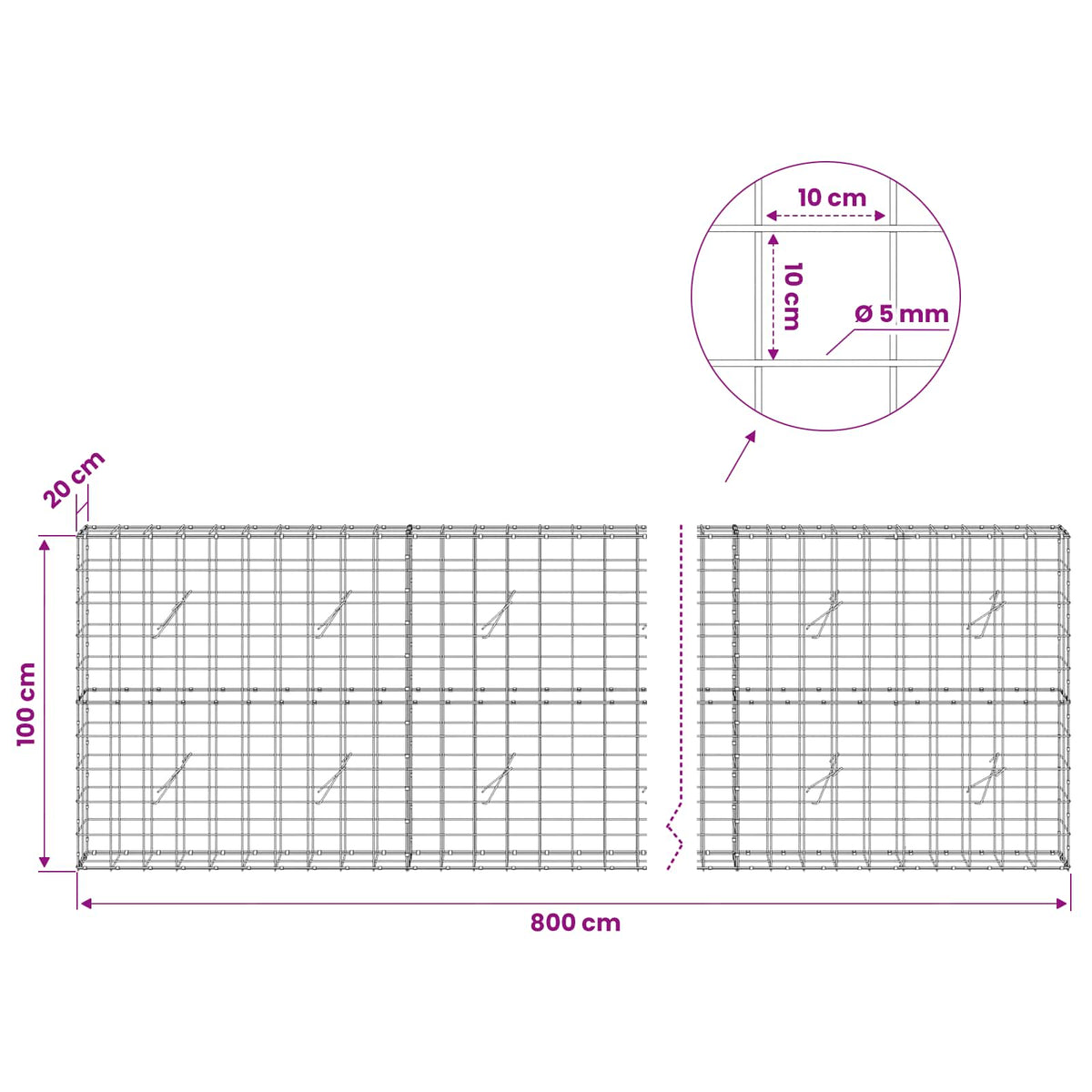 vidaXL Gabion z drutem 5 mm i siatką 10x10 cm 800x20x100 cm