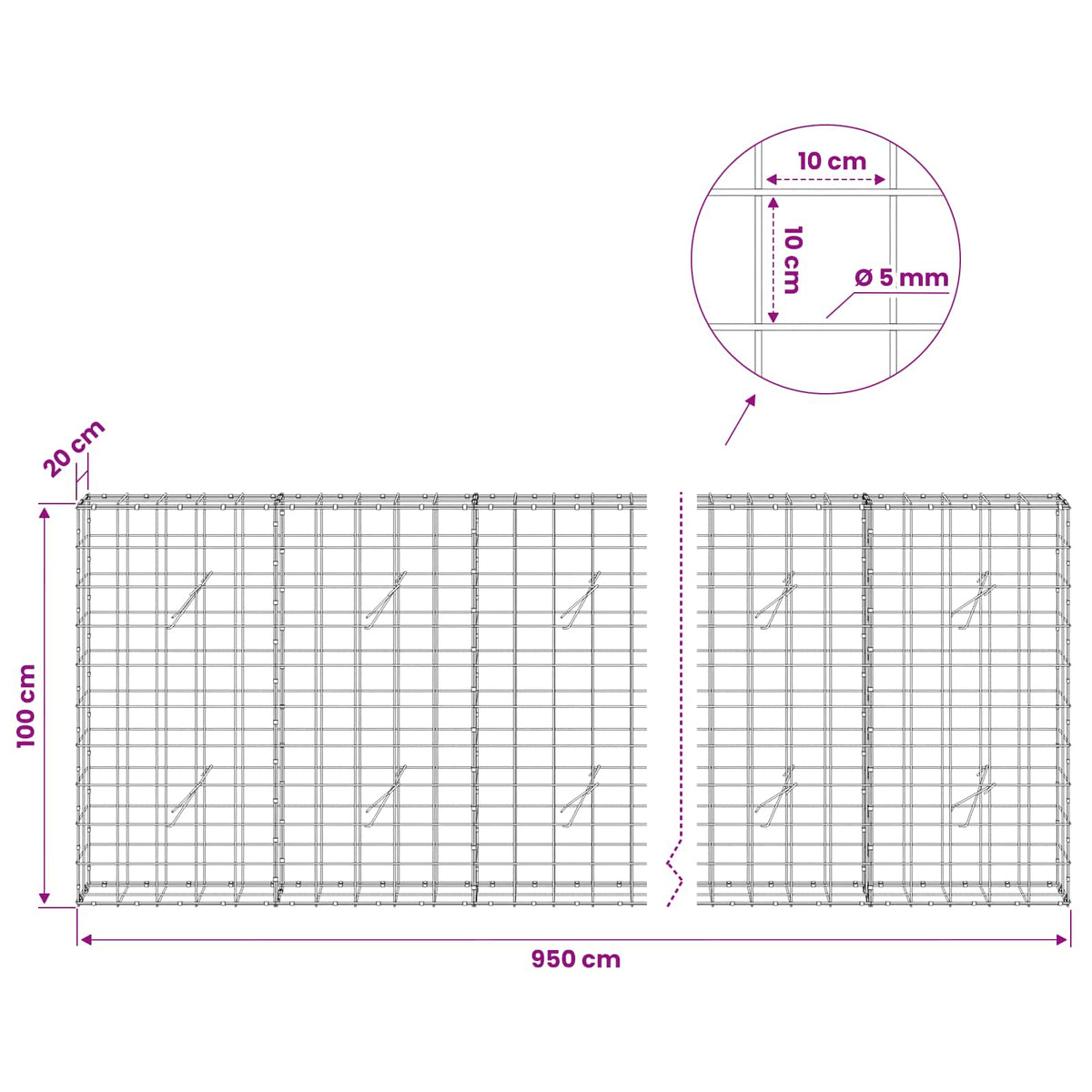 vidaXL Gabion z drutem 5 mm i siatką 10x10 cm 950x20x100 cm