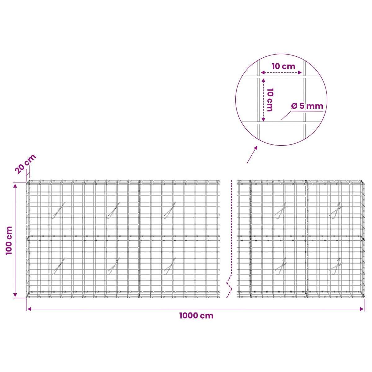 vidaXL Gabion z drutem 5 mm i siatką 10x10 cm 1000x20x100 cm