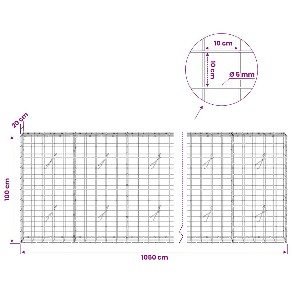 vidaXL Gabion z drutem 5 mm i siatką 10x10 cm 1050x20x100 cm