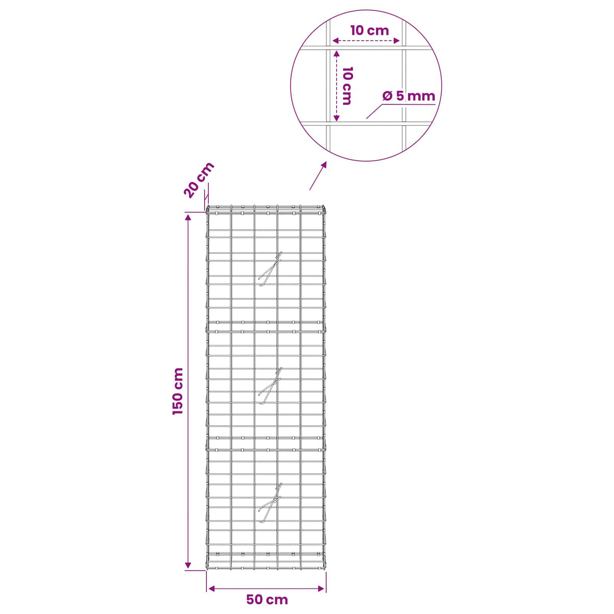 vidaXL Gabion z drutem 5 mm i siatką 10x10 cm 50x20x150 cm