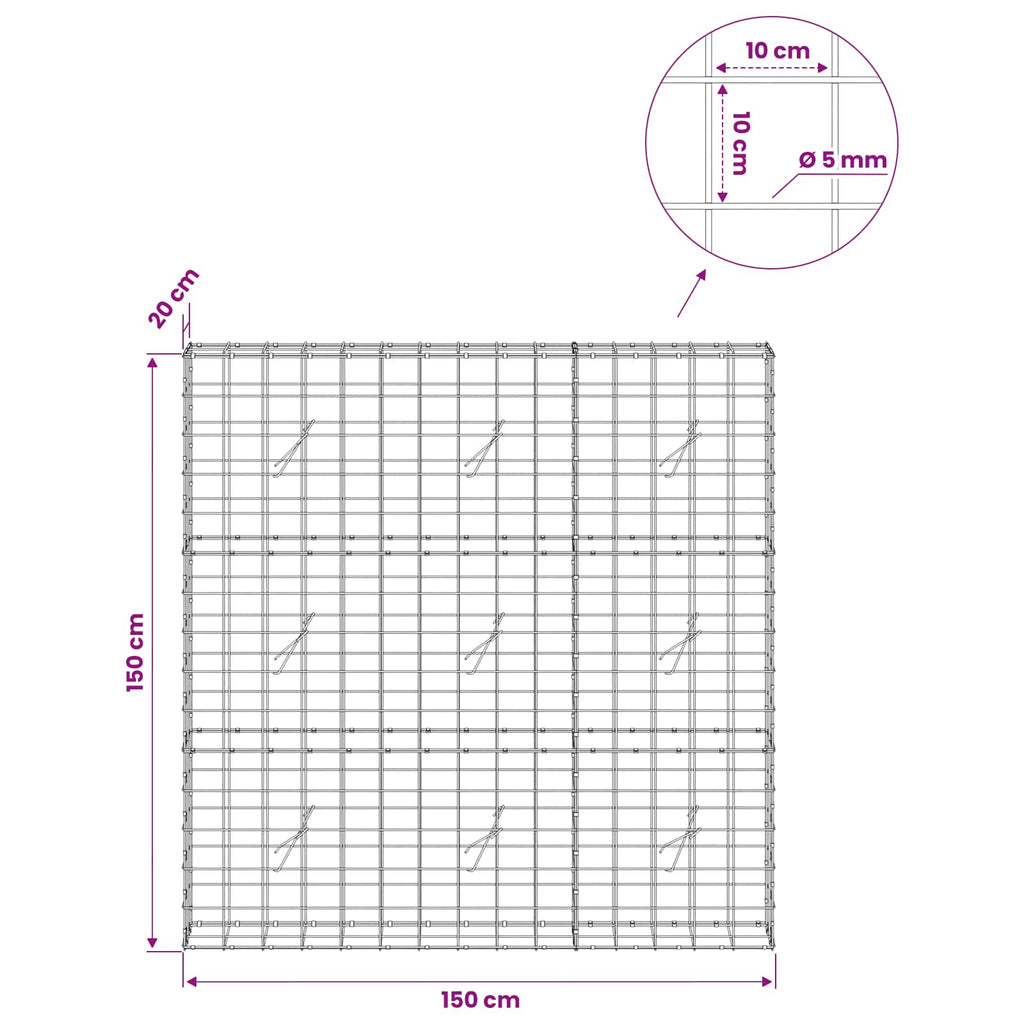 vidaXL Gabion z drutem 5 mm i siatką 10x10 cm 150x20x150 cm