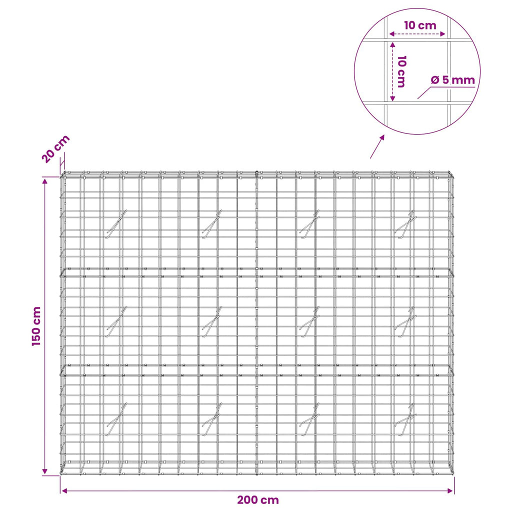 vidaXL Gabion z drutem 5 mm i siatką 10x10 cm 200x20x150 cm