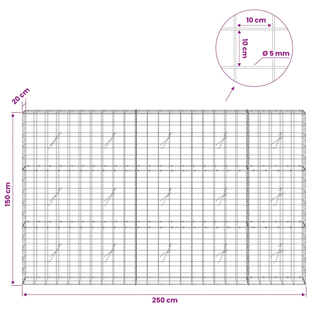 vidaXL Gabion z drutem 5 mm i siatką 10x10 cm 250x20x150 cm