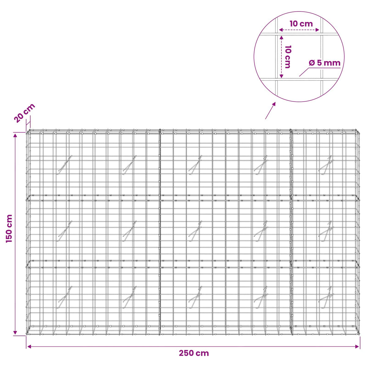 vidaXL Gabion z drutem 5 mm i siatką 10x10 cm 250x20x150 cm