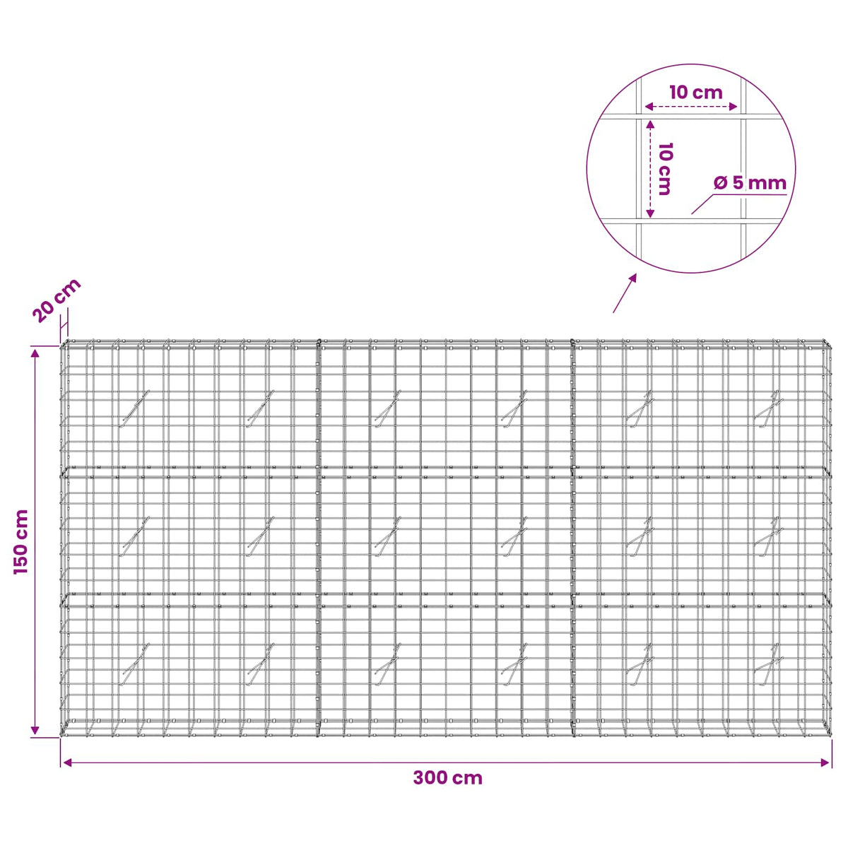vidaXL Gabion z drutem 5 mm i siatką 10x10 cm 300x20x150 cm