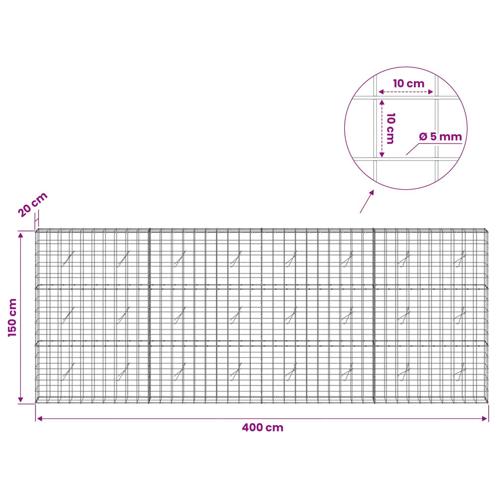 vidaXL Gabion z drutem 5 mm i siatką 10x10 cm 400x20x150 cm