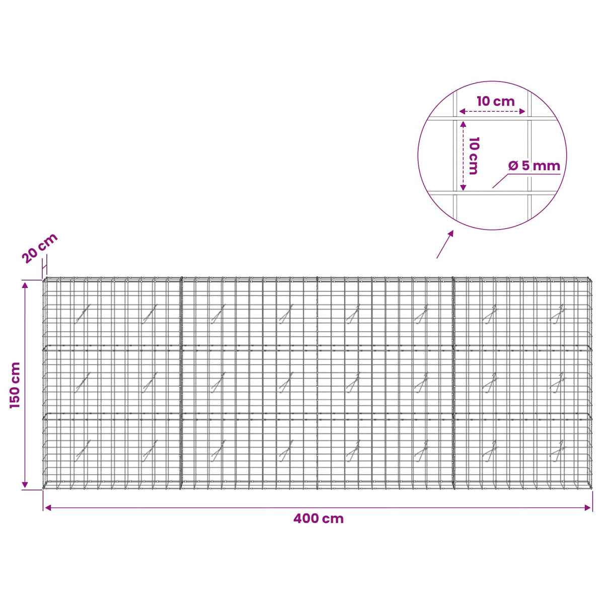 vidaXL Gabion z drutem 5 mm i siatką 10x10 cm 400x20x150 cm