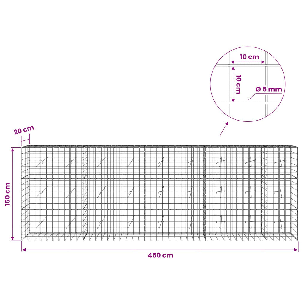 vidaXL Gabion z drutem 5 mm i siatką 10x10 cm 450x20x150 cm
