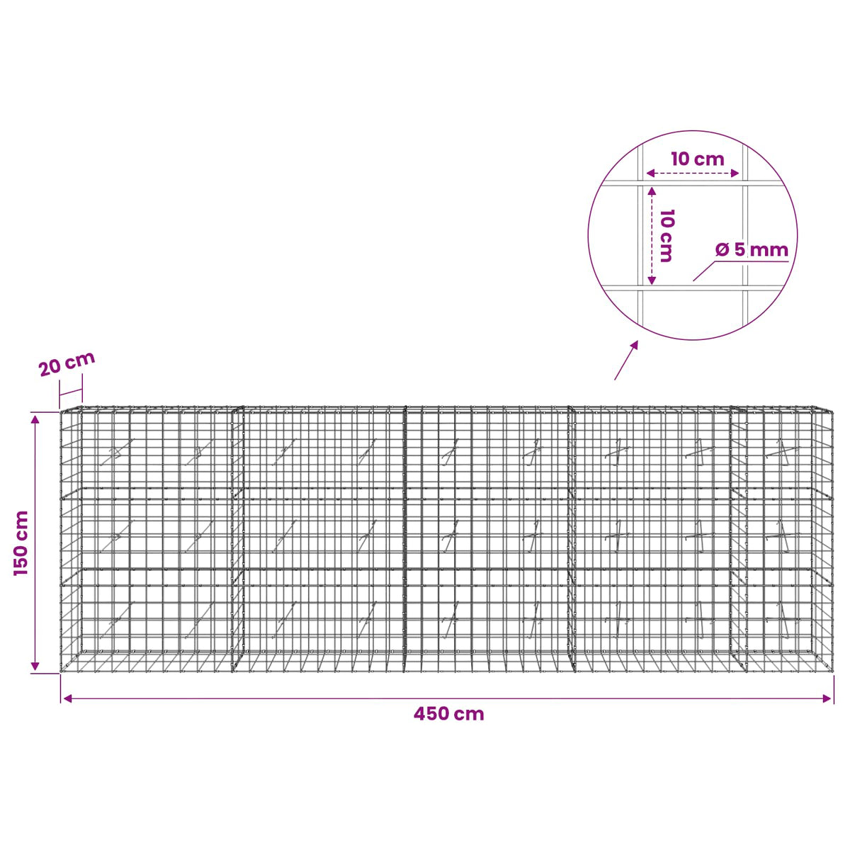 vidaXL Gabion z drutem 5 mm i siatką 10x10 cm 450x20x150 cm