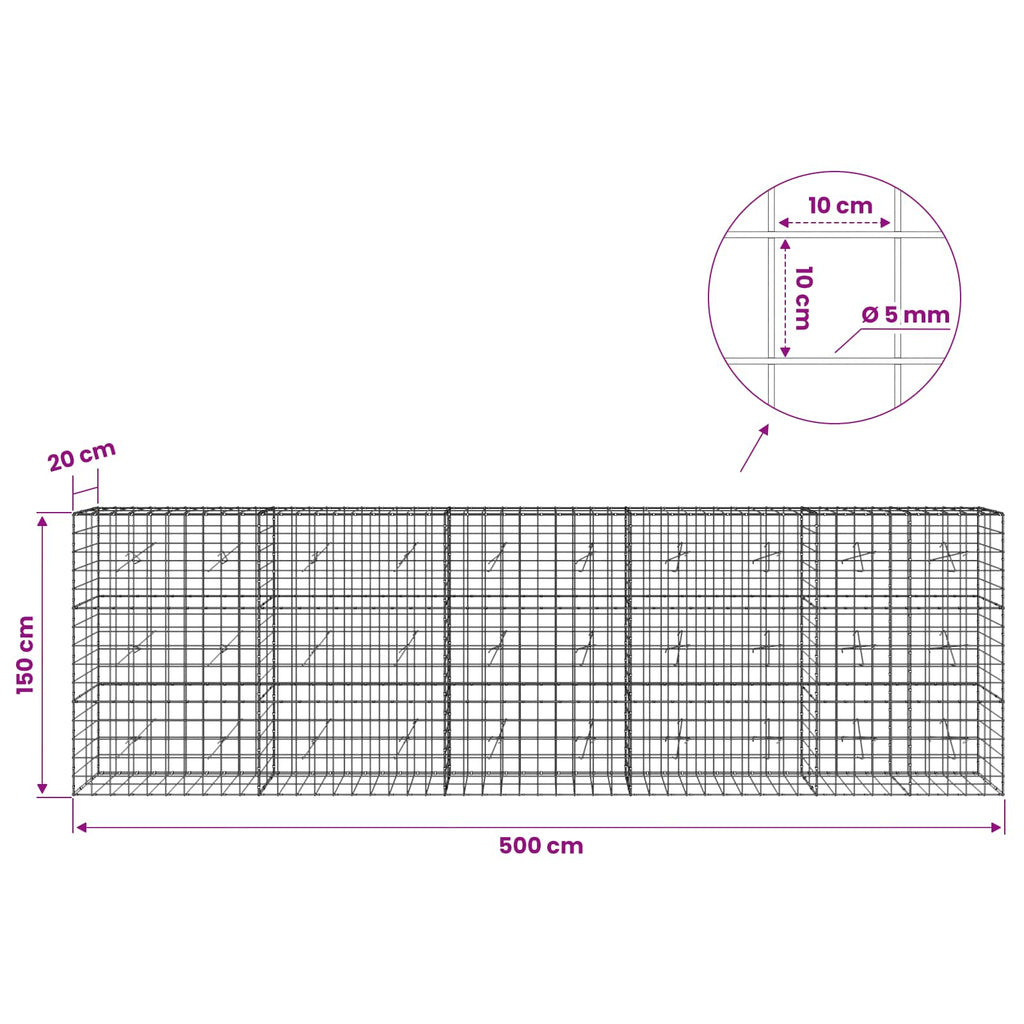 vidaXL Gabion z drutem 5 mm i siatką 10x10 cm 500x20x150 cm