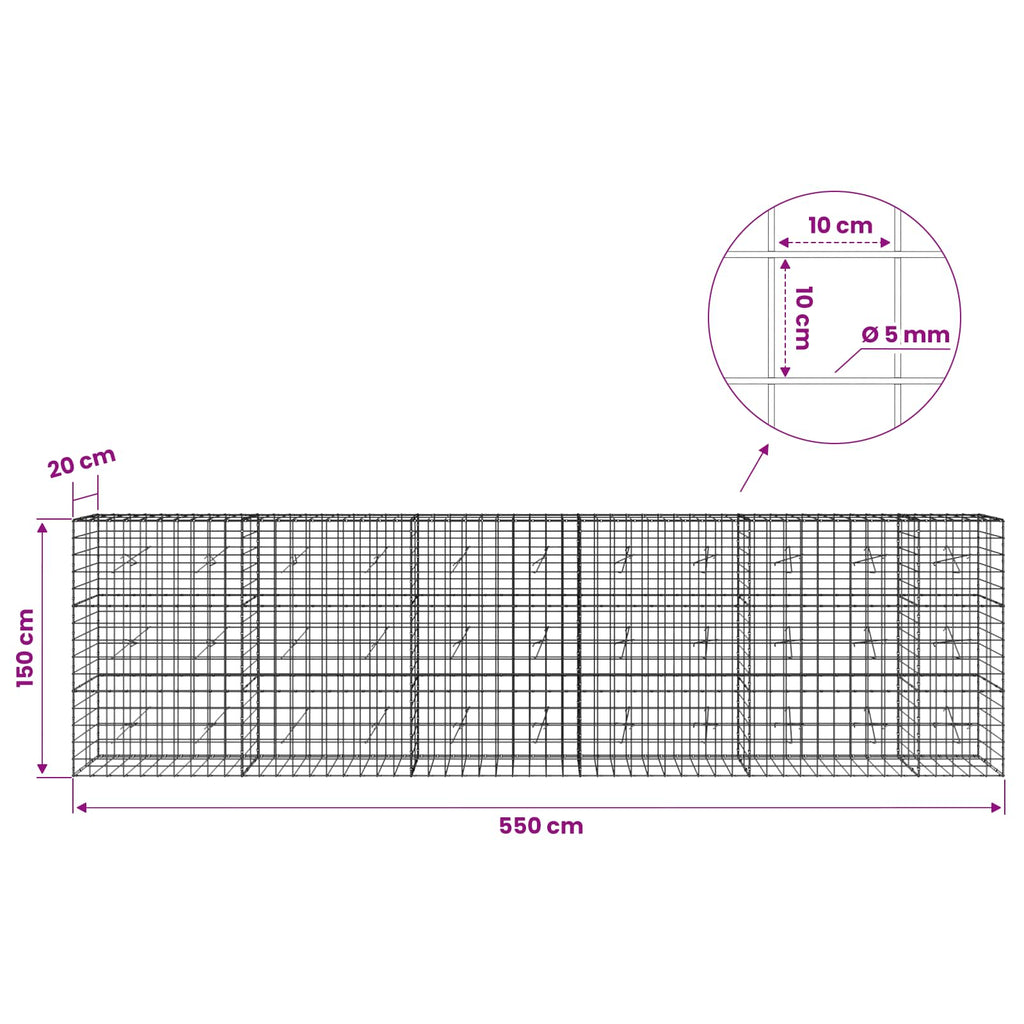 vidaXL Gabion z drutem 5 mm i siatką 10x10 cm 550x20x150 cm