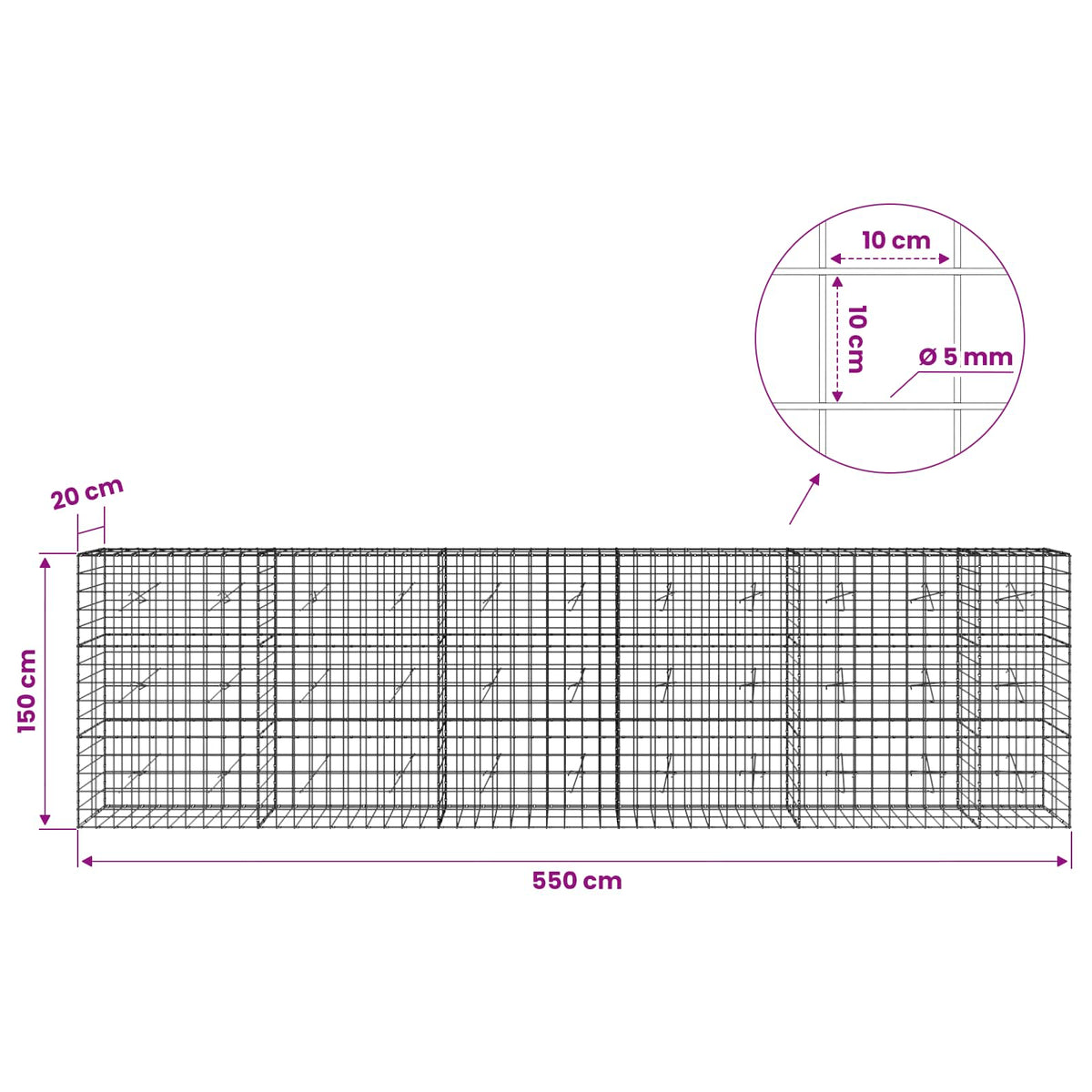 vidaXL Gabion z drutem 5 mm i siatką 10x10 cm 550x20x150 cm