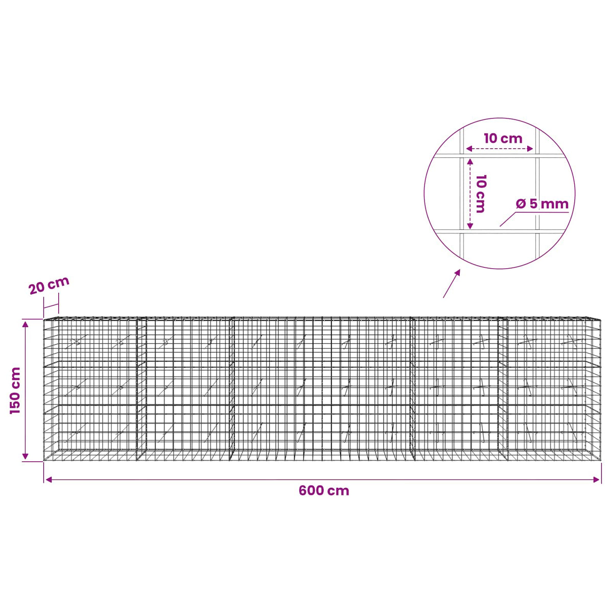 vidaXL Gabion z drutem 5 mm i siatką 10x10 cm 600x20x150 cm
