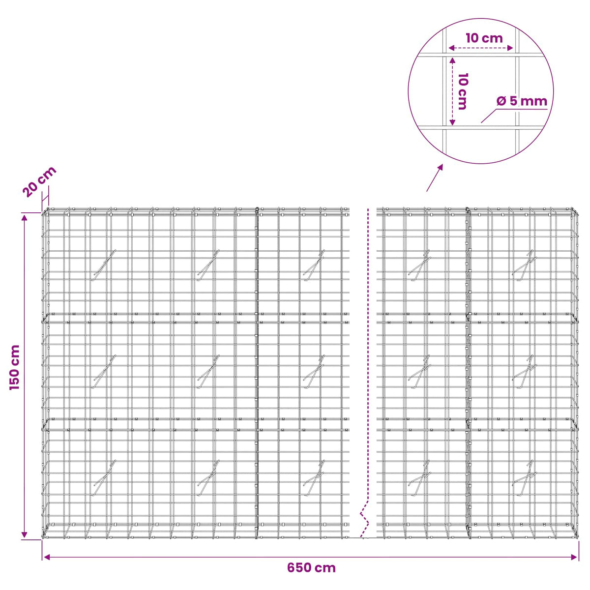 vidaXL Gabion z drutem 5 mm i siatką 10x10 cm 650x20x150 cm
