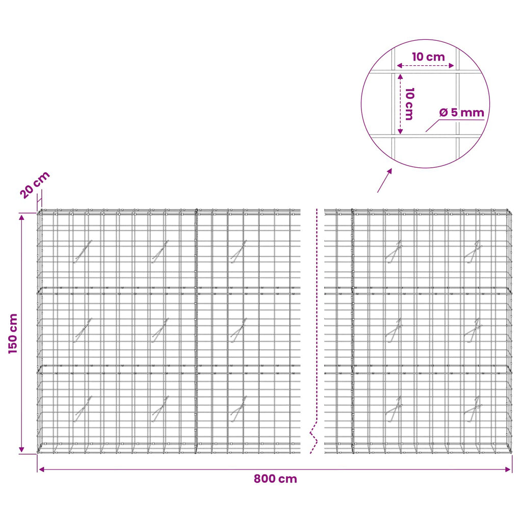 vidaXL Gabion z drutem 5 mm i siatką 10x10 cm 800x20x150 cm