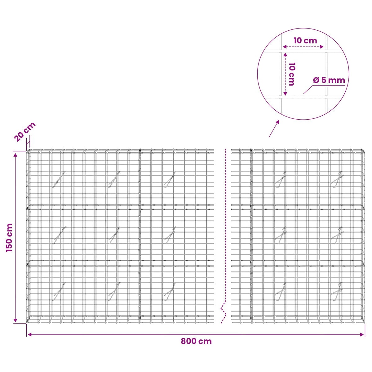 vidaXL Gabion z drutem 5 mm i siatką 10x10 cm 800x20x150 cm