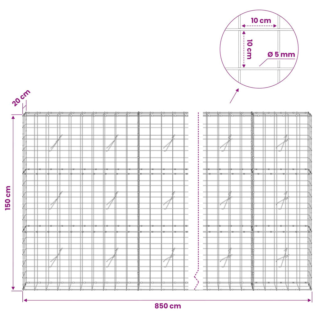 vidaXL Gabion z drutem 5 mm i siatką 10x10 cm 850x20x150 cm