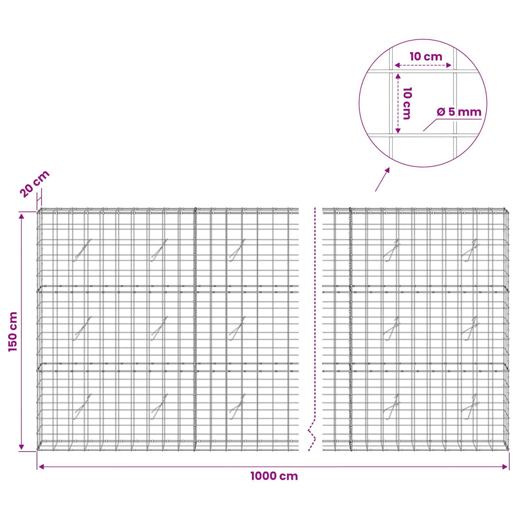 vidaXL Gabion z drutem 5 mm i siatką 10x10 cm 1000x20x150 cm