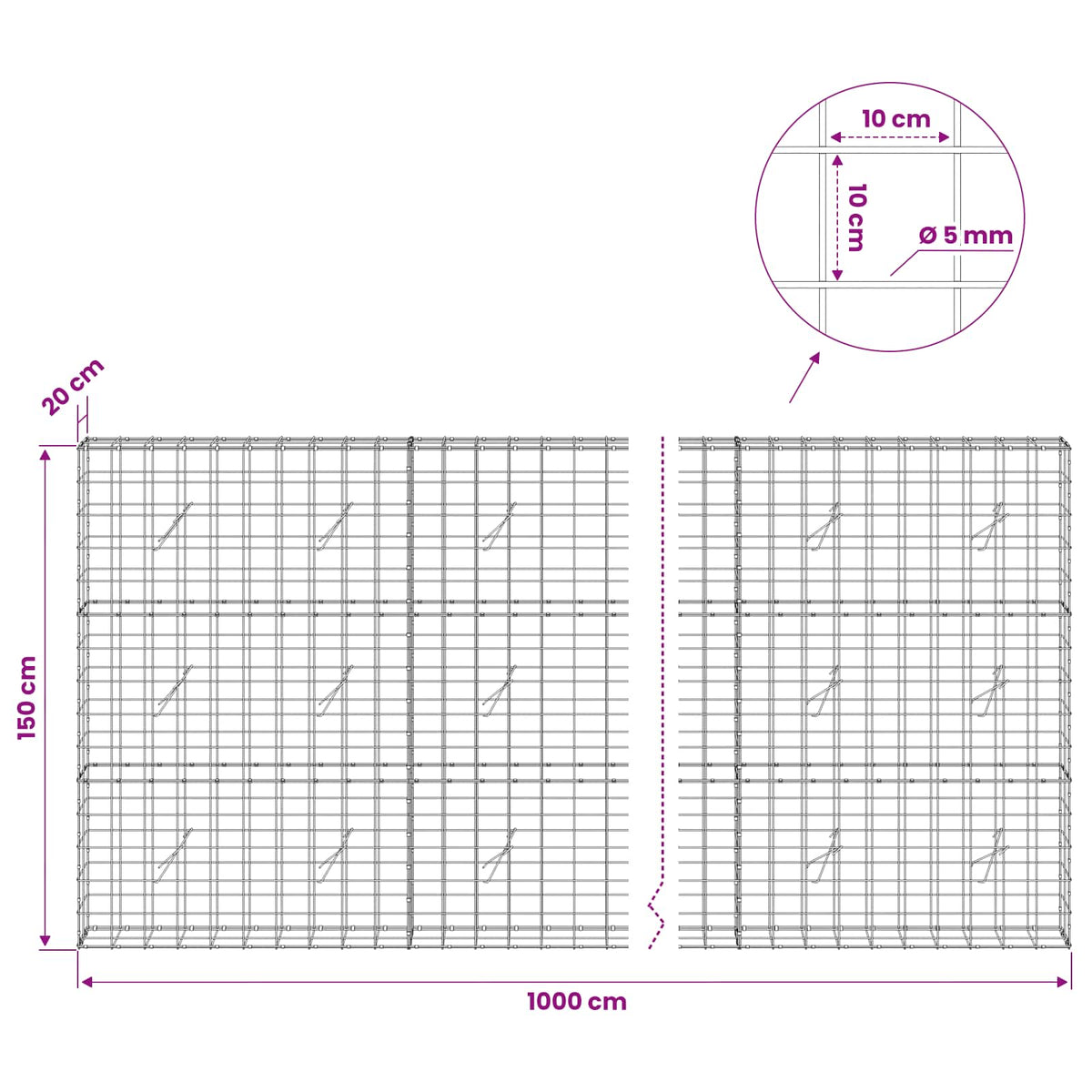 vidaXL Gabion z drutem 5 mm i siatką 10x10 cm 1000x20x150 cm