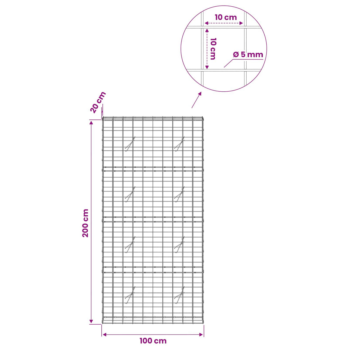 vidaXL Gabion z drutem 5 mm i siatką 10x10 cm 100x20x200 cm