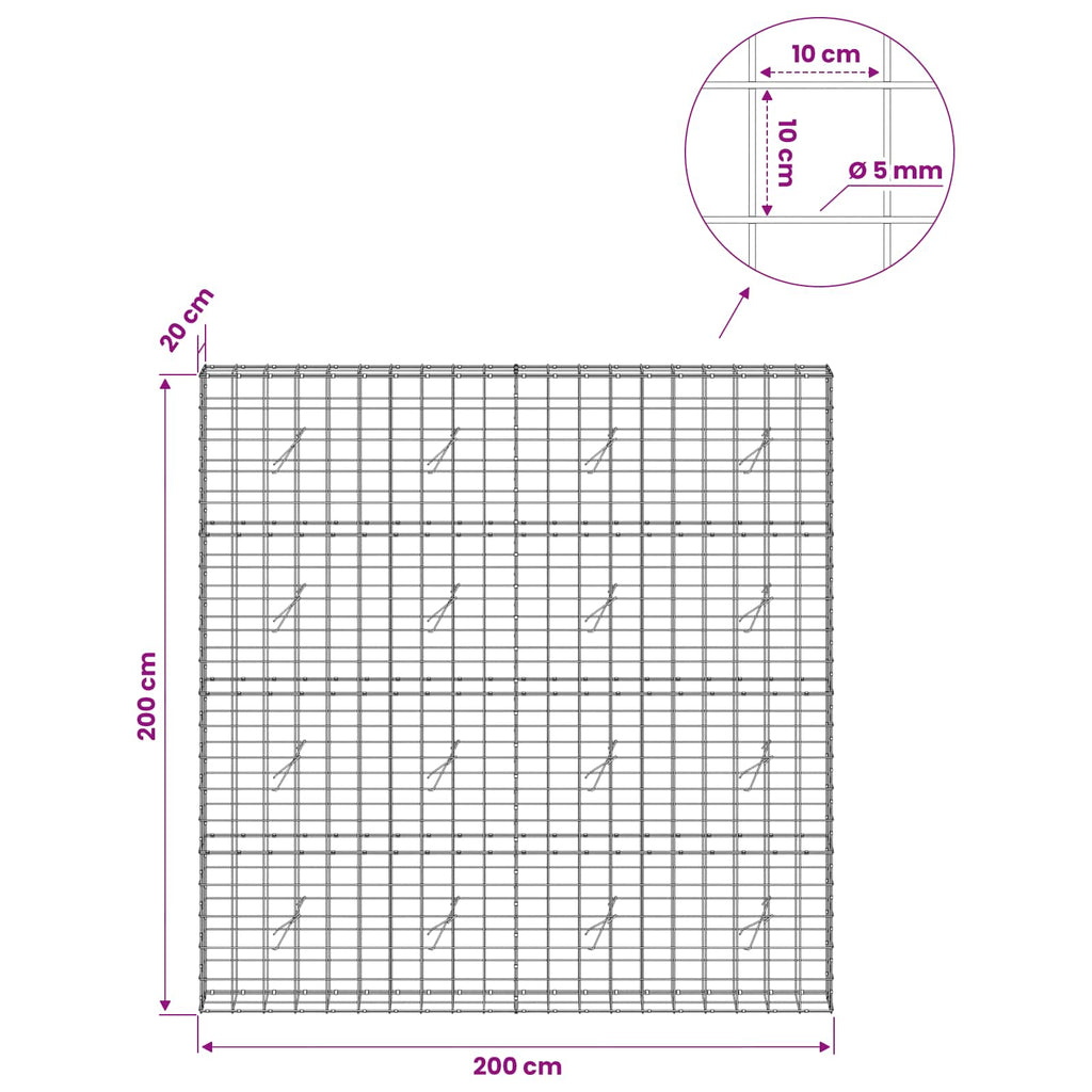 vidaXL Gabion z drutem 5 mm i siatką 10x10 cm 200x20x200 cm