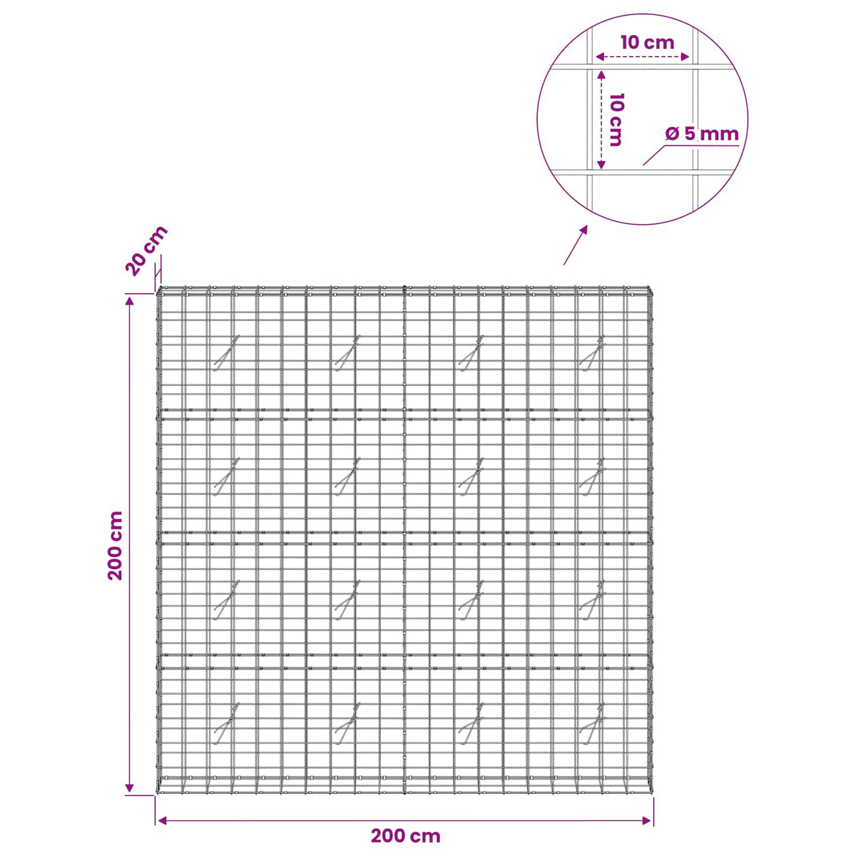 vidaXL Gabion z drutem 5 mm i siatką 10x10 cm 200x20x200 cm