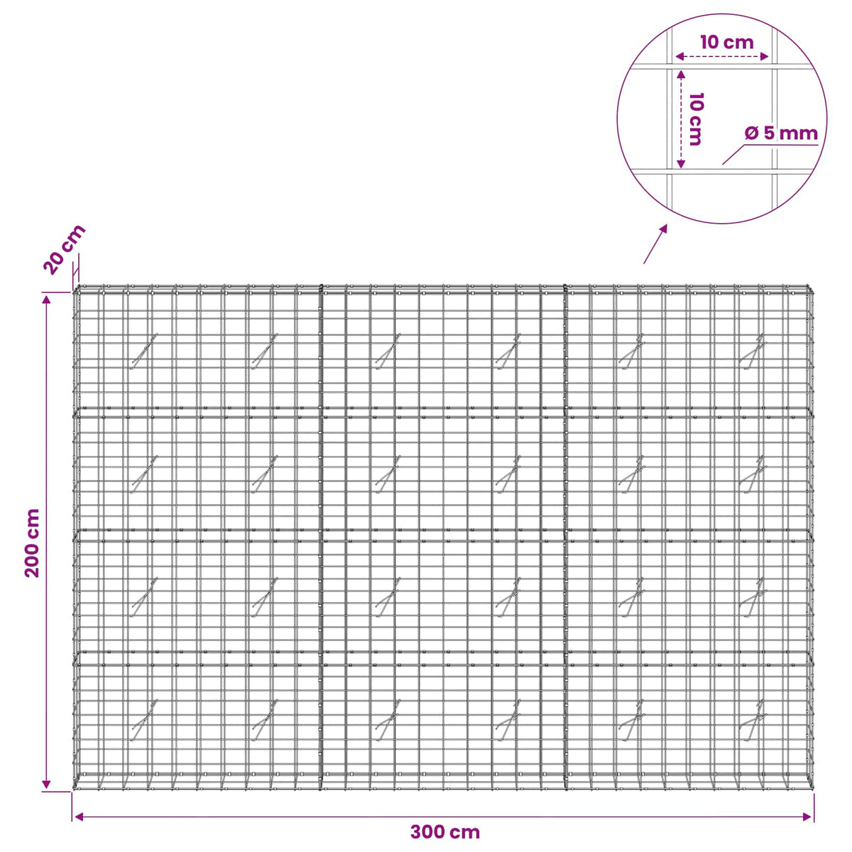 vidaXL Gabion z drutem 5 mm i siatką 10x10 cm 300x20x200 cm