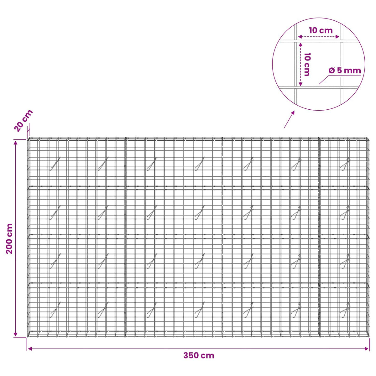 vidaXL Gabion z drutem 5 mm i siatką 10x10 cm 350x20x200 cm