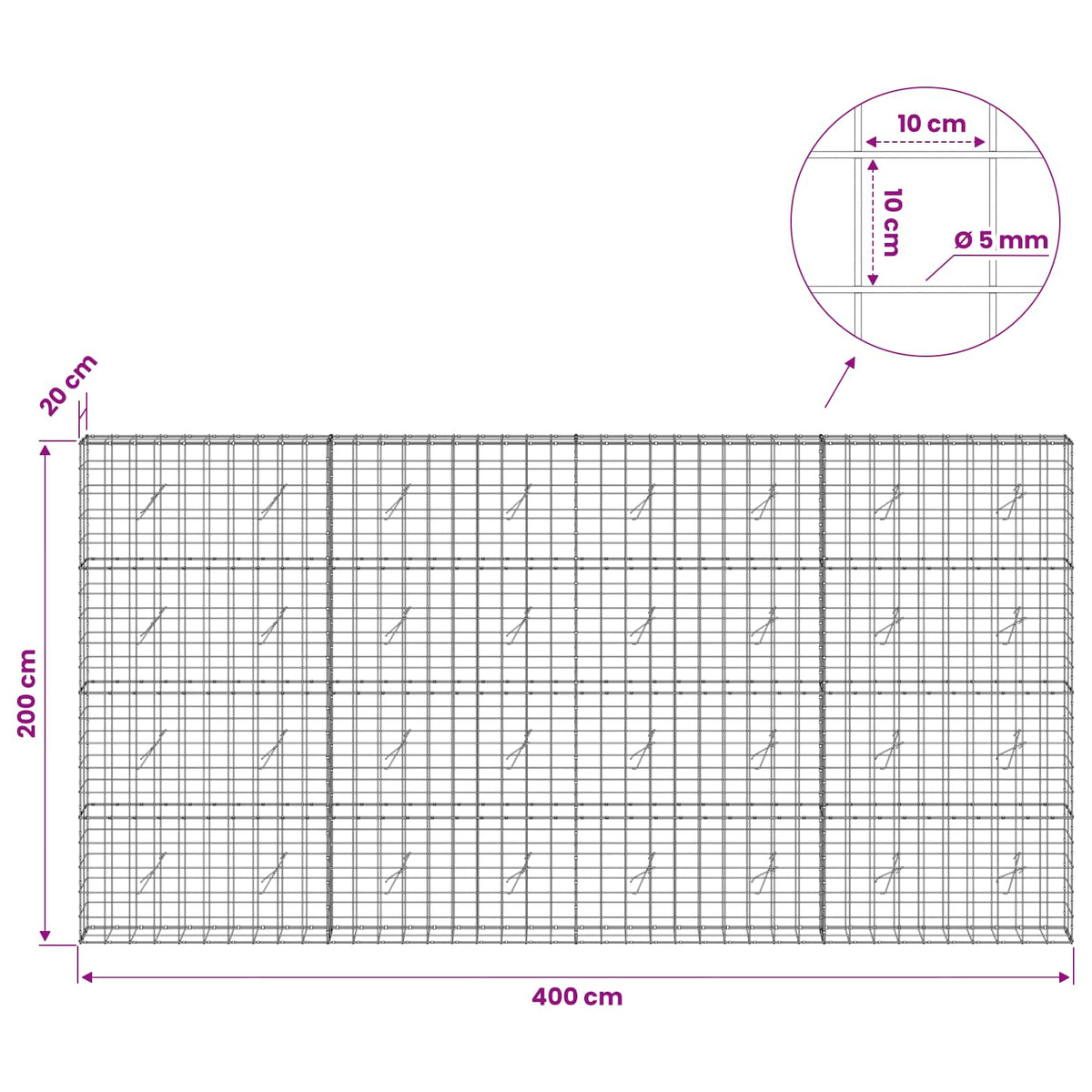 vidaXL Gabion z drutem 5 mm i siatką 10x10 cm 400x20x200 cm