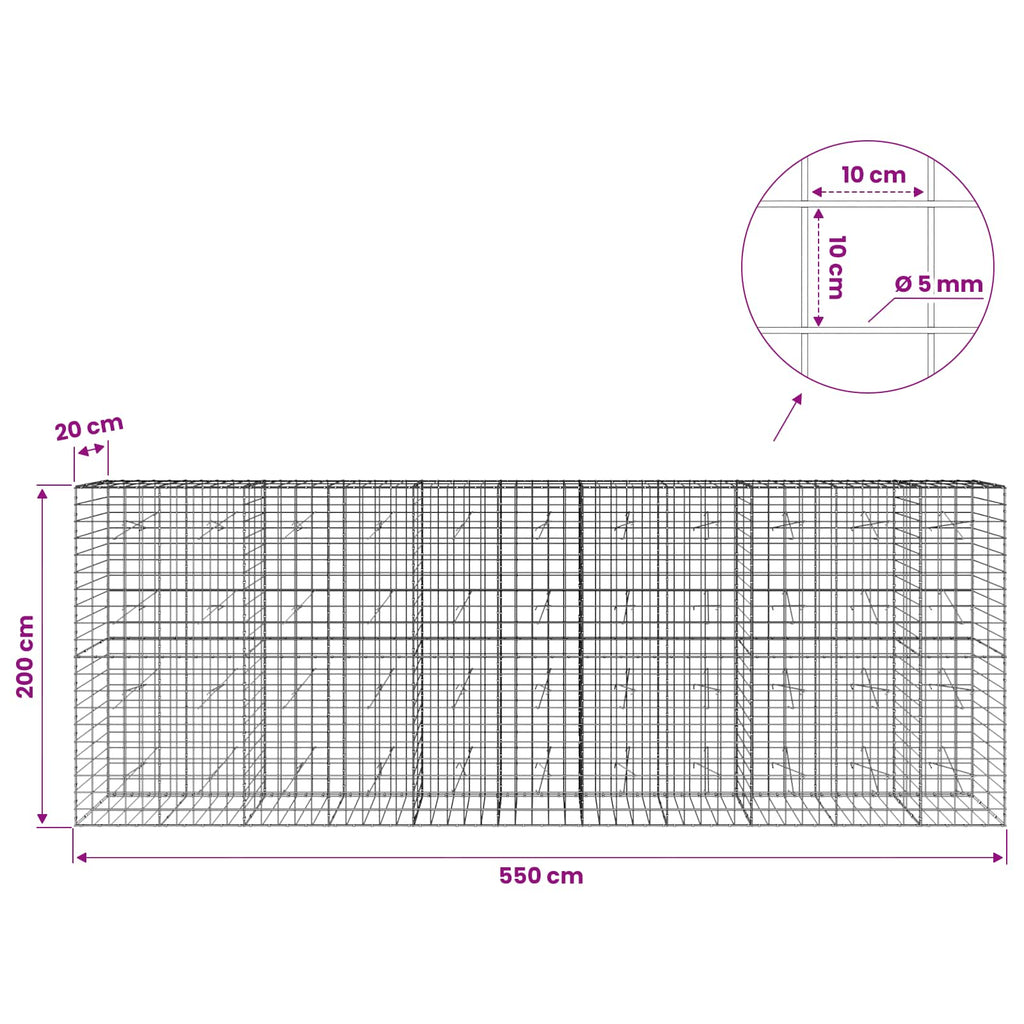 vidaXL Gabion z drutem 5 mm i siatką 10x10 cm 550x20x200 cm